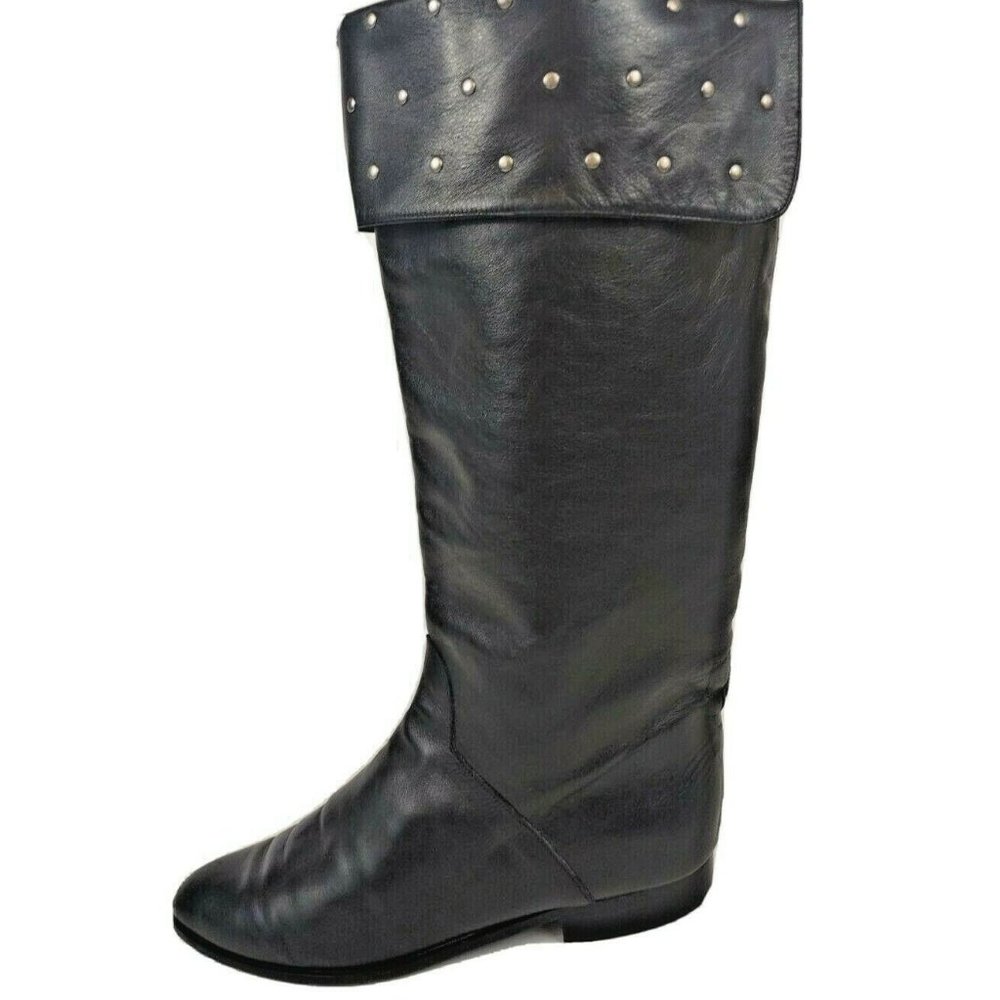 Vintage Charles David Roberta black Leather Boots, Sz 8B, studded cuffed 80's